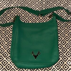 Green Pebble Leather Shoulder Bag with Deer Emblem